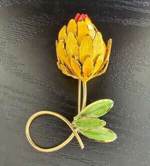 Vintage Tortolani Enameled Gold-Tone Botanical Yellow Bud Brooch 1960-1970's
